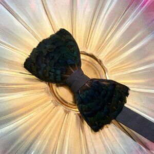 Artisan Crafted Handmade Green Blue Jewel Tone Wedding Groom Feather Bow Tie